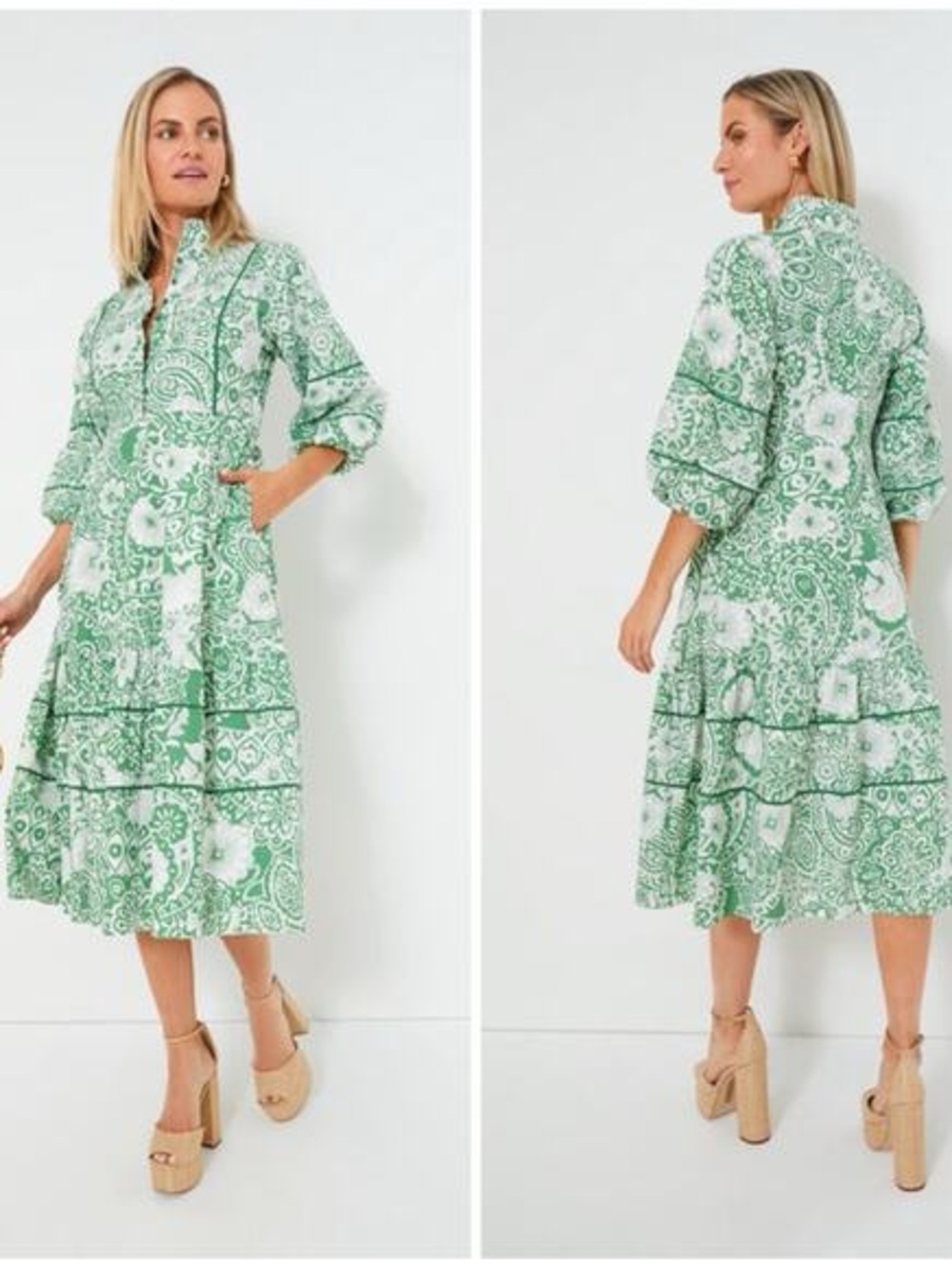 Hyacinth House Green Cuffed Sleeve Sundress with Mandarin Collar. Snall - Picture 9 of 13